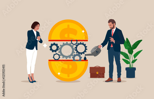 Businessman and secretary put lubricant oil on machine gear of opening money dollar coin. Financial or money liquidity to help economic stimulus, central bank monetary policy.
