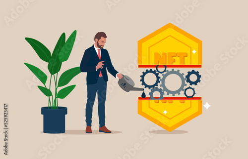 Businessman and put lubricant oil on machine gear of opening money NFT token. Financial or money liquidity to help economic stimulus, central bank monetary policy.