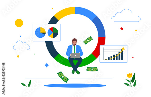 Programmer holding laptop analyze graph and chart. Financial Report. Reviewing investment portfolio. Vector illustration