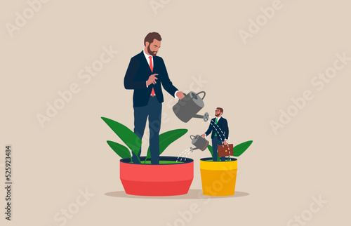 Managers use watering cans to help employees grow. Support from a manager or colleague. Cooperation of people in the organization. Growth in career advancement. 