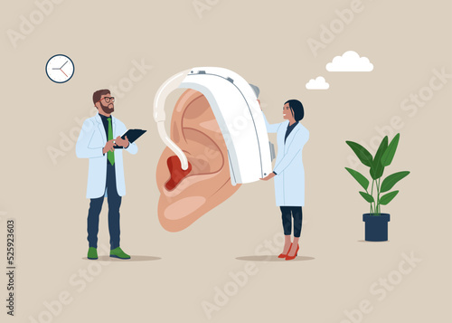 Hearing Device conept. Women and man check big ear. Modern methods of diagnostics and treatment. Specialist doctors, ENT. Cartoon flat vector illustration