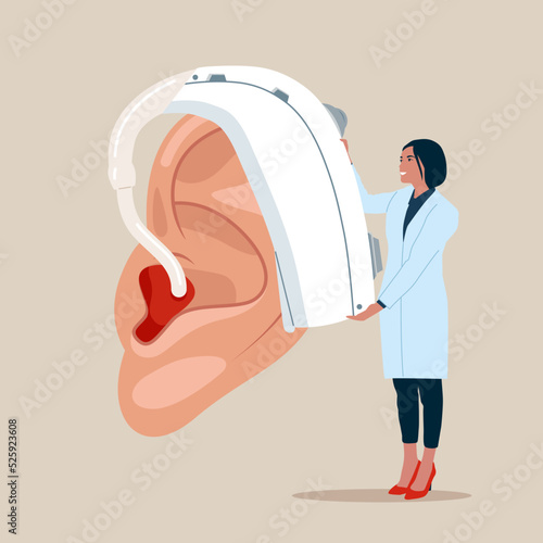 Vector isolated illustration with an young female doctor who puts a hearing aid on an enlarged ear. Concept hearing aids, treatment of deafness.
