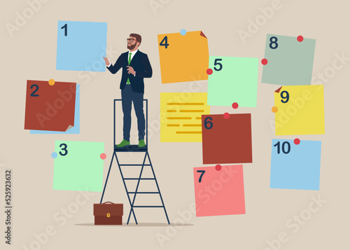 Arrange to do list which job to do before and after, set work priority,  task management concept. Businessman manage to prioritize sticky note with number.