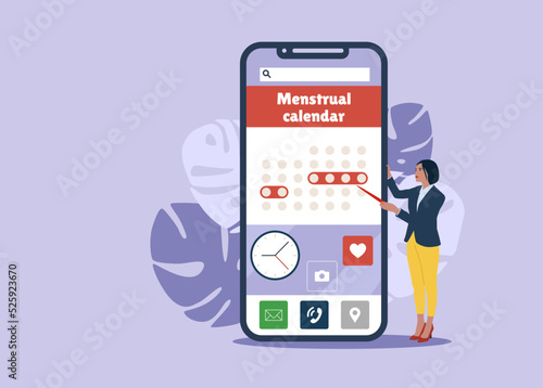 Menstruation cycle. Menstrual phone application, ovulation check. Woman periods calendar.  Vector female health illustration.
