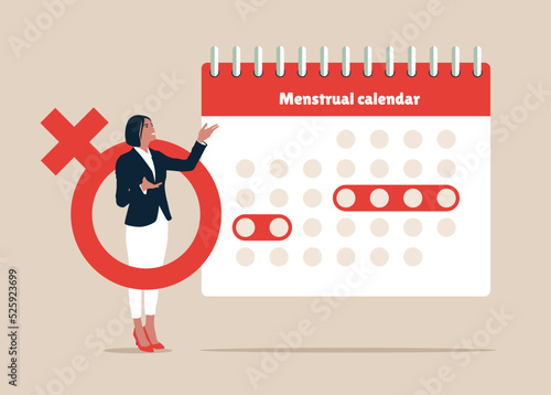 Calendar with marked menstrual periods. Critical days schedule. Menstrual cycle calendar. Menstruation, pms, reproductive system. Feminine hygiene. Cute woman in female gender symbol. 