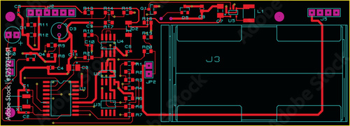Tracing the conductors of a multilayer printed circuit board. Vector drawing of printed tracks, transition holes, contact pads and copper metallization areas. Electronic circuit board with components
