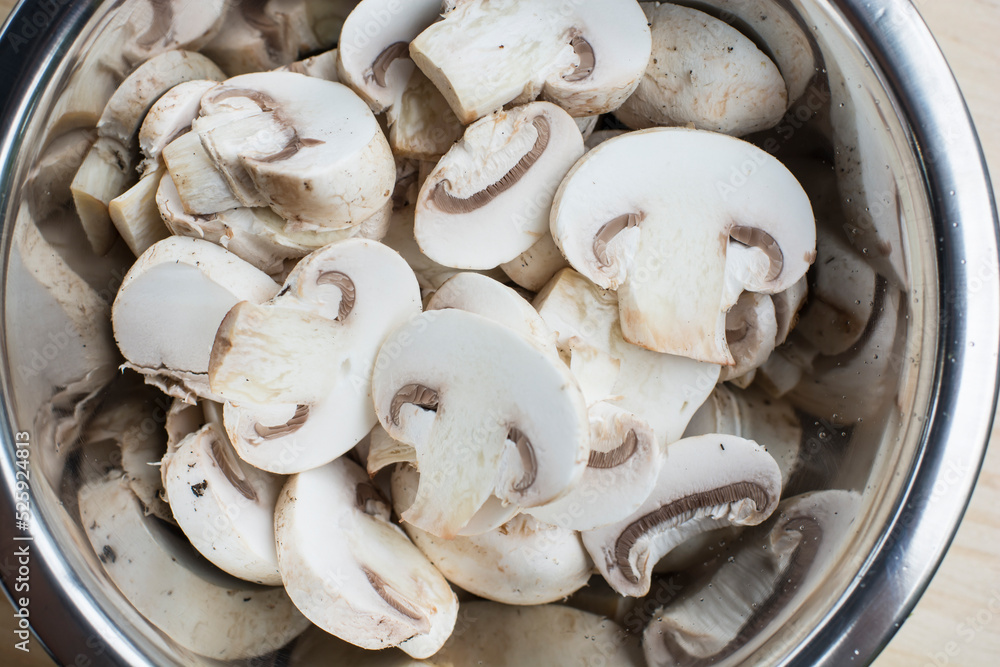 Sliced mushrooms Chopped raw vegetable peruvian food ingredient Sliced mushrooms Chopped raw vegetable peruvian food ingredient