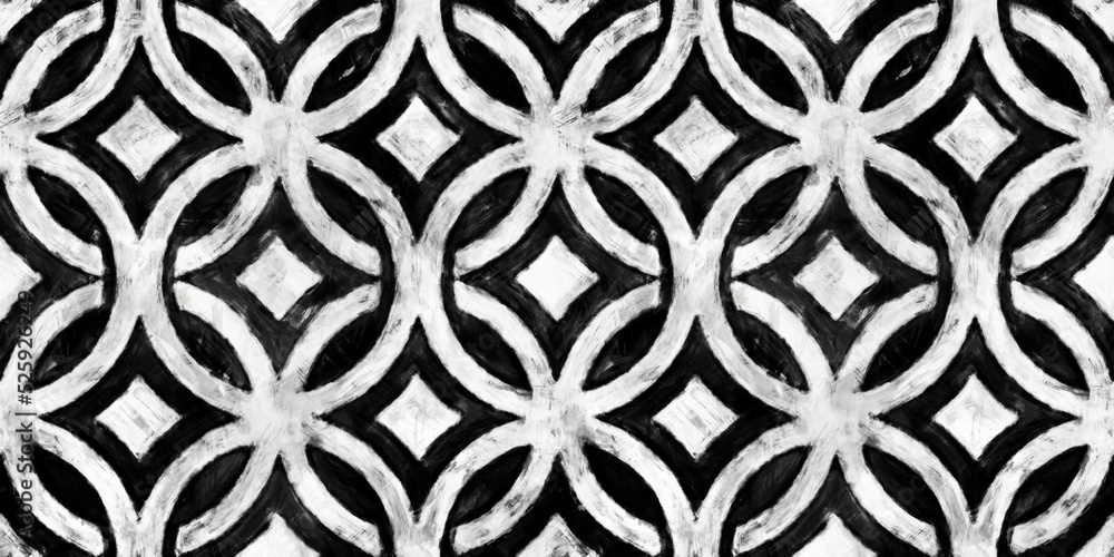 Seamless painted classic diamond and circle stripe black and white artistic acrylic paint texture background. Creative grunge monochrome hand drawn geometric wallpaper motif surface pattern design. Seamless painted classic diamond and circle stripe black and white artistic acrylic paint texture background. Creative grunge monochrome hand drawn geometric wallpaper motif surface pattern design.