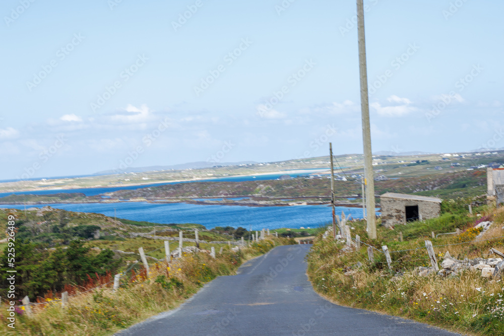 Irish country road showing the coastline in the background