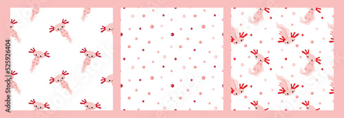 A set of patterns with cute cartoon axolotls, aquatic animals, amphibians.