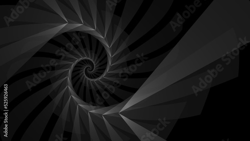 Black abstract geometric nautilus spiral wallpaper background. Elegant minimal subtle dark grey psychedelic sacred geometry polygon wave backdrop. Technology or luxury concept 3D fractal rendering.