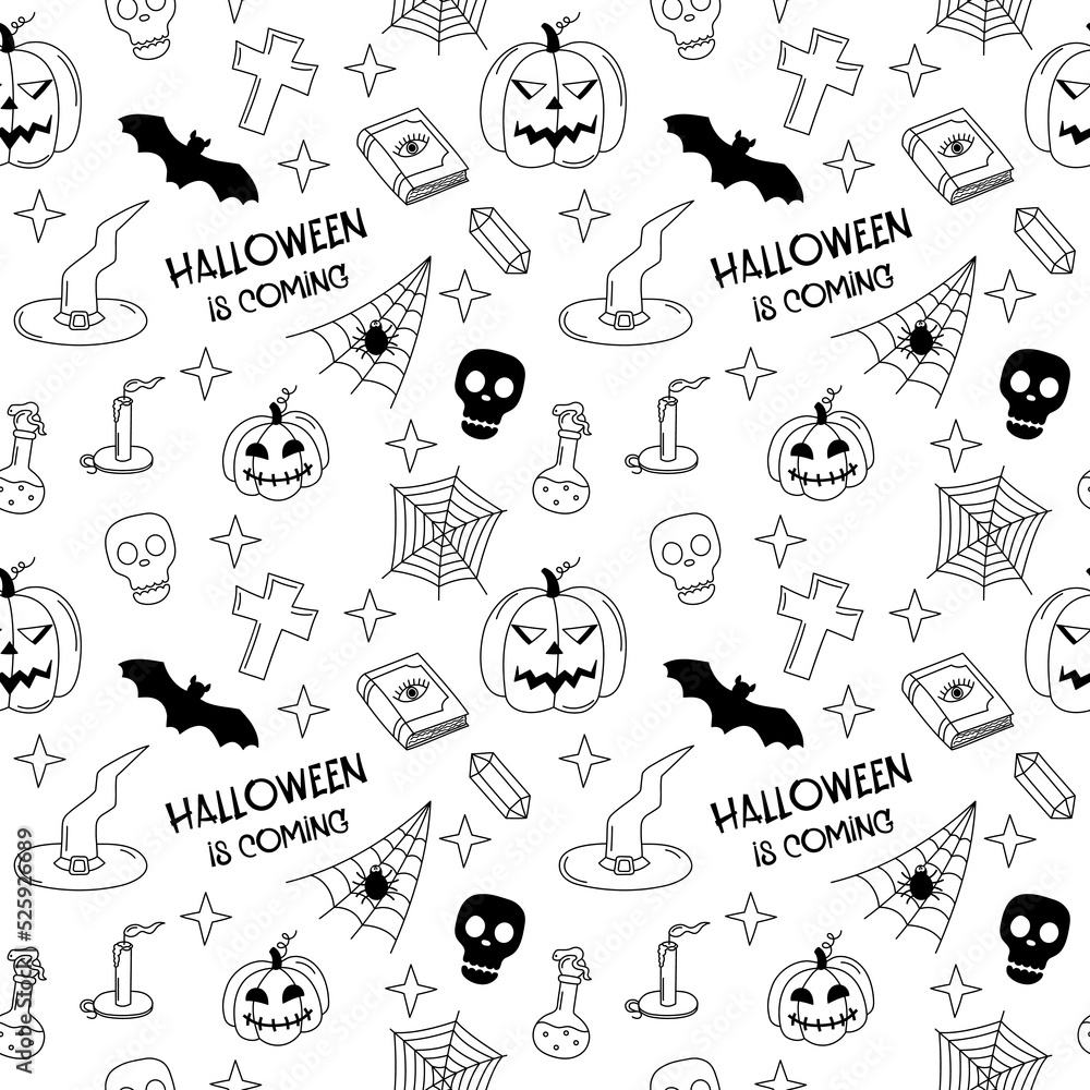 Fototapeta premium Halloween doodle pattern. Black and white seamless background with Halloween spooky symbols jack o lanterns, web, skull, grave. Vector illustration with text and hand drawn outline elements