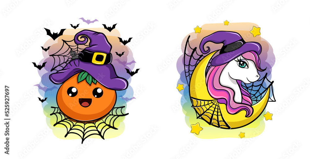 Cute vector cartoon unicorn witch and funny pumpkin, kawaii halloween characters