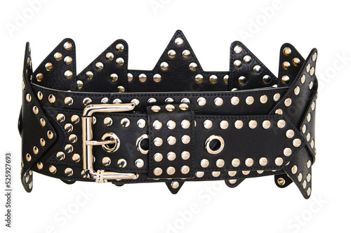 a black belt with a buckle and studs as a bright accessory for women's clothing photo