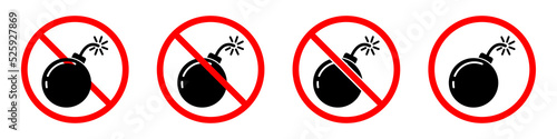 Exploding bombs prohibition sign. Bombs ban signs set. No explosion sign. Vector illustration.