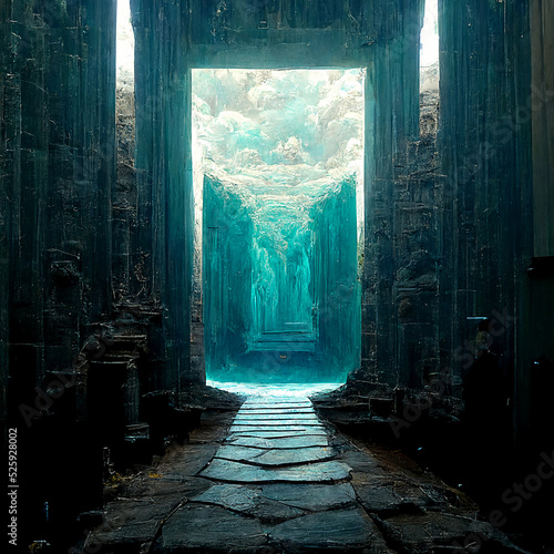 gateway to the ancient world , journey to the place where the perception of the earth and the sky is broken , the sight at the end of the door where one can breathe , place created with stone