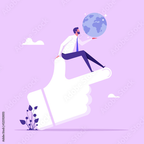 Businessman holding a globe in his hand and cares about environment. Biological diversity, Loving the planet, save earth concept