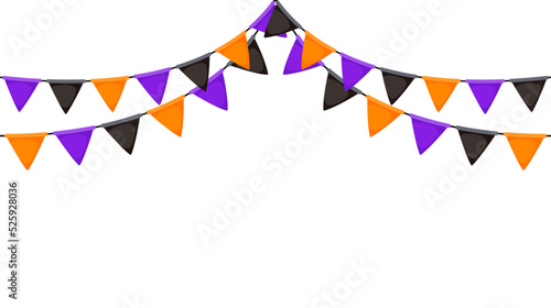 Halloween bunting. Black, orange and purple flag garland. Triangle pennants chain pattern. Party bunting decoration. Celebration flags for decor. Vector banner background 