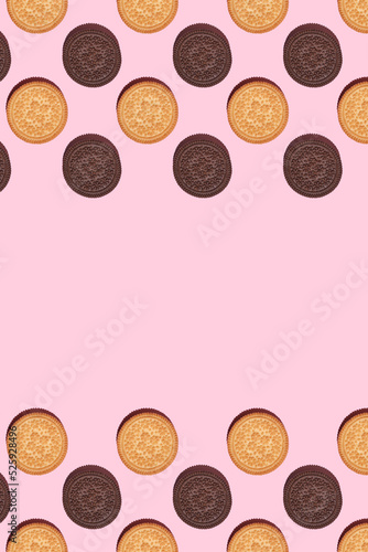 Pattern of cookies. Cookies on a white background. Flat lay. Ssandwich cookies filled with sweet cream.. weet cookies flat lay pattern on light pink background. Top view.