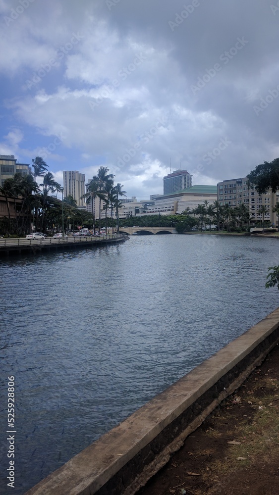 Fototapeta premium Walking along the sidewalk next to the Ala Wai canal Hawaii