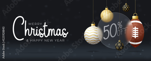 American Football Christmas sale banner or greeting card. happy new year and merry christmas sport banner with glassmorphism, glass-morphism or glass morphism blur. Realistic vector illustration