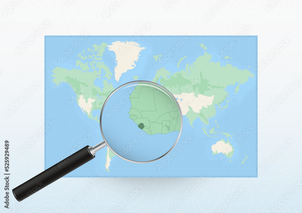 Map of the World with a magnifying glass aimed at Sierra Leone, searching Sierra Leone with loupe. Map of the World with a magnifying glass aimed at Sierra Leone, searching Sierra Leone with loupe.