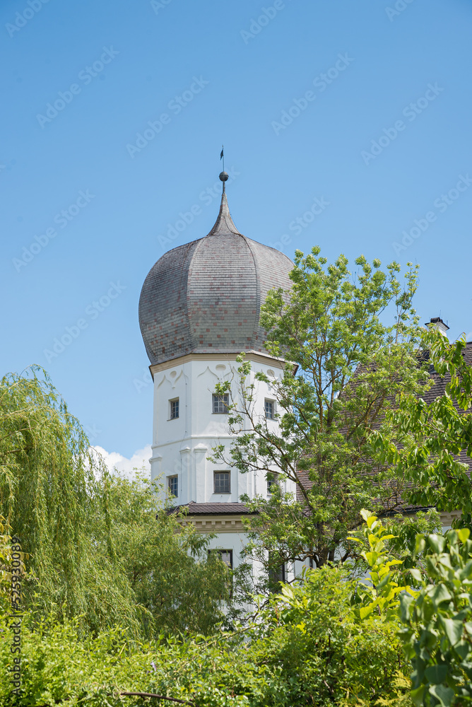 one tower of water castle Schwindegg, inmidst green trees, upper bavaria