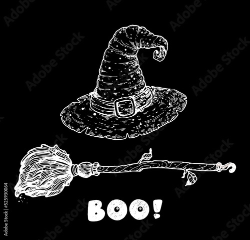 Happy Halloween. Witch hat and magic broom sketch. Hand drawn vector illustration. Design element. Vintage design for the holiday Halloween.