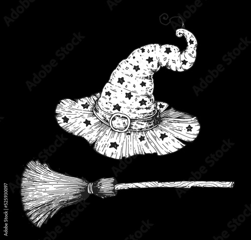 Happy Halloween. Witch hat and magic broom sketch. Hand drawn vector illustration. Design element. Vintage design for the holiday Halloween.