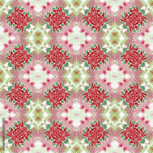 Seamless Christmas poinsettia retro pattern. Decorative ornament in seasonal red for December holiday background. Winter botanical vintage scandi repeat tile. 