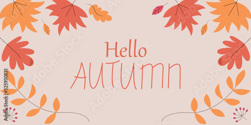 Hello autumn Hand drawn different colored autumn leaves. Sketch  design elements. Vector illustration.