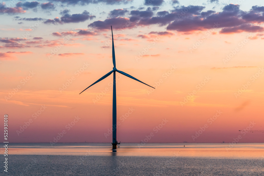 Obraz premium Wind turbine in the sea in the warm sunset light