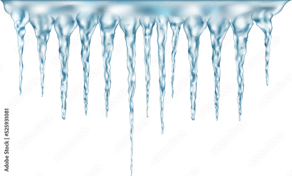 Fototapeta premium Group of light blue realistic icicles of different lengths connected at the top