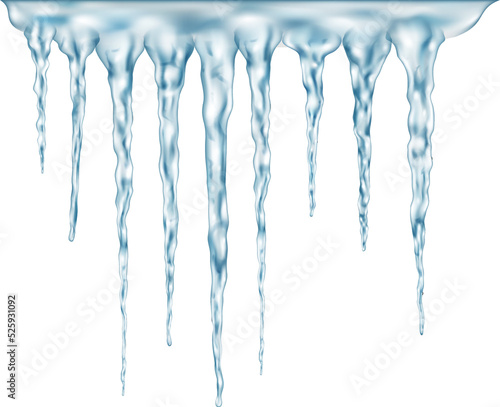 Group of light blue realistic icicles of different lengths connected at the top