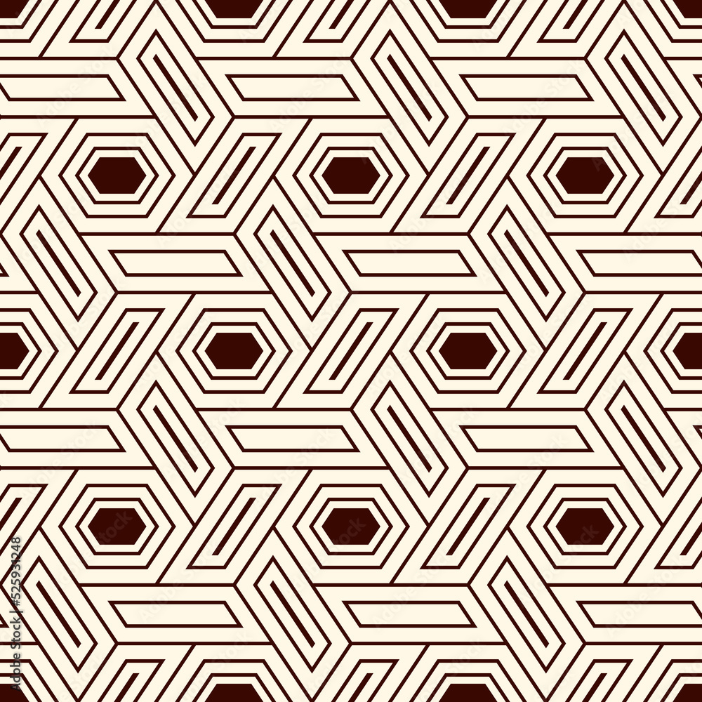 Hexagonal seamless pattern. Honeycomb surface print. Mosaic tiles. Flooring background. Wicker, weave, entwine effect geometric ornament. Vector abstract. Digital paper. Modern geometrical wallpaper