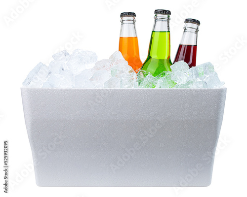 Cooler with ice and bottles of soda. Styrofoam Cooler box. White foam plastic cooler box for ice. Take cold beer, drink, food on the beach. Fridge container for picnic. Isolated on white background.