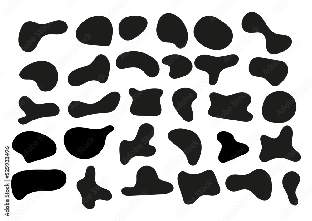 Blob abstract irrecular shape set. Black drop or spot random organic or animal simple splotch. Flat design vector illustration collection.