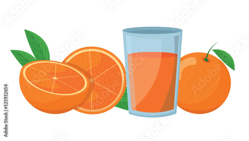 Natural freshly squeezed orange juice. Cut orange. Isolated on a white background. flat style