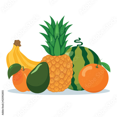 Group of fruits isolated on white background. Healthy eating, replacing unhealthy sweets. flat style
