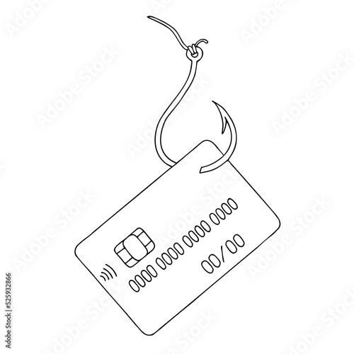 Credit card on fishing hook. Theft of funds from credit and bank cards. Fraud, phishing. Phishing scam. Freehand drawing. Doodle. Hand Drawn.	