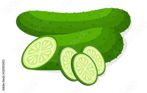 Cucumber. Cartoon vector icon isolated on white background. Vegetables. Whole and sliced cucumber.