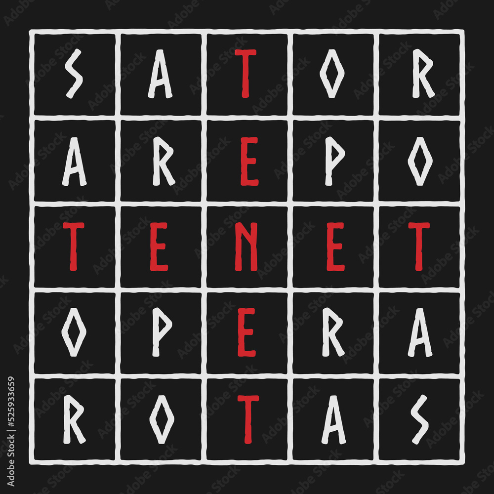 Two-dimensional word square containing the five-word Latin palindrome, Sator Square. Sator, Arepo, Tenet, Opera and Rotas. It features in early Christian and in magical contexts. Vector illustration. Two-dimensional word square containing the five-word Latin palindrome, Sator Square. Sator, Arepo, Tenet, Opera and Rotas. It features in early Christian and in magical contexts. Vector illustration.