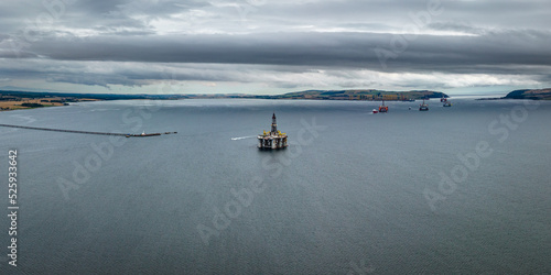 Aerial view of the black island and Cromarty firth in the north east highlands of Scotland during autumn