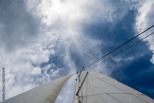 Canvas Print Looking up at white sails on a sail boat with blue skies and partly cloudy condi
