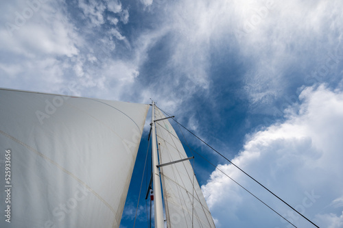Looking up at white sails on a sail boat with blue skies and partly cloudy conditions