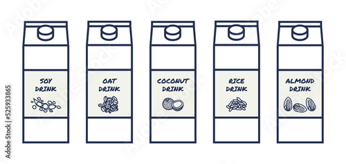 Vector set of vegan lactose-free drink alternatives isolated on a white background. Plant-based non-dairy soy, oat, coconut, rice, and almond milk. Line or outline icons with hand-drawn illustrations.