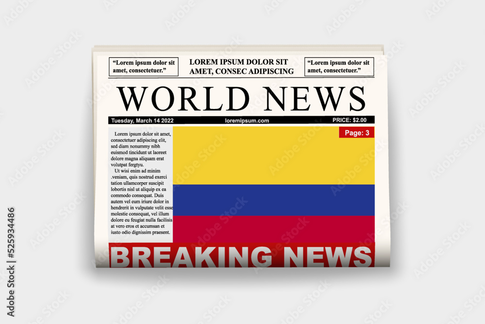 Colombia country newspaper with flag, breaking news on newsletter, news concept, gazette page with headline Colombia country newspaper with flag, breaking news on newsletter, news concept, gazette page with headline