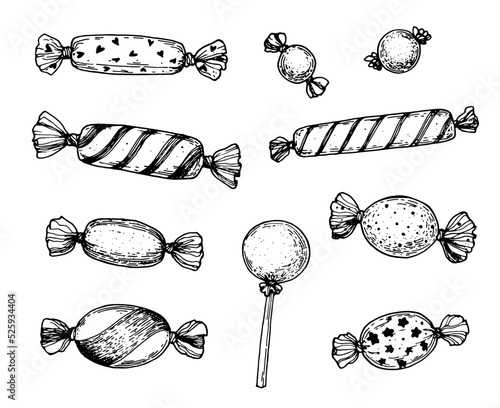 Candy, sweets hand drawn sketch collection. Vector illustration. Candies set. Sketch style.