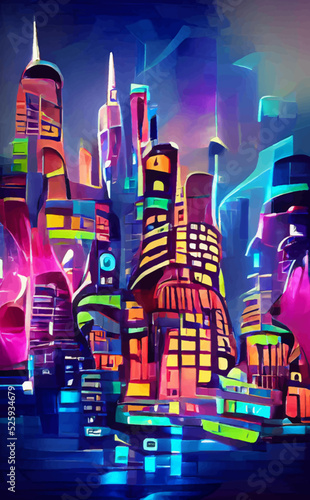 Futuristic abstract City. Cyberpunk. neon style. Modern Digital illustration.Vector
