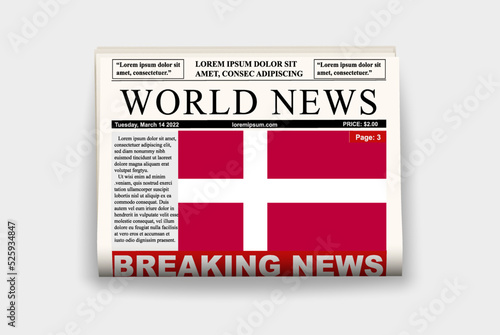 Denmark country newspaper with flag, breaking news on newsletter, news concept, gazette page with headline